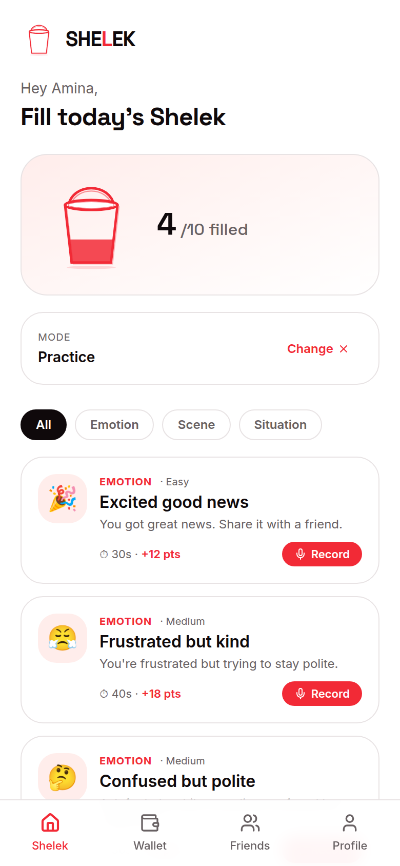 Shelek dashboard with bucket-fill progress and a feed of voice prompts